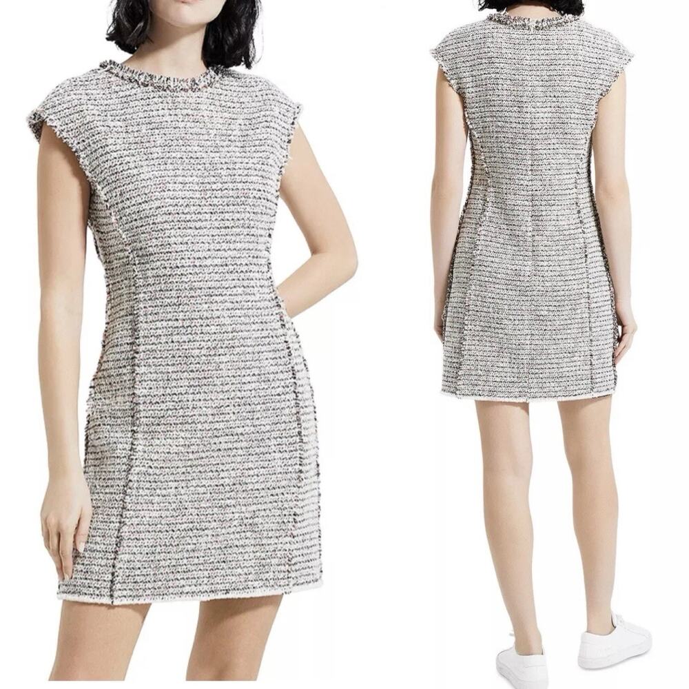 Theory Womens Sz 12 Tweed Dress Fringe Preston Cap Slv Preppy Quiet Luxury